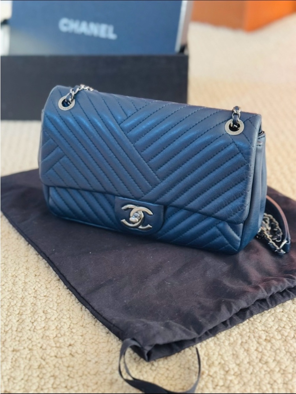 Chanel Small CC Flap Chevron Navy Blue Lambskin Ruthenium Hardware - Picture 2 of 11